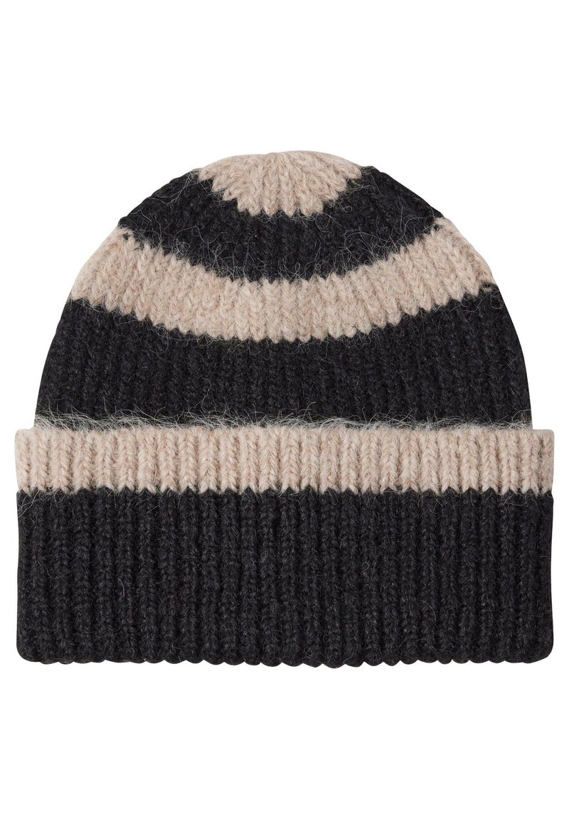 Berretto lavorato a maglia con risvolto, caratterizzato da strisce alternate di beige e grigio scuro. Morbida texture con un design a punta arrotondata.