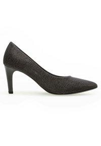 Schwarzer, strukturierter High-Heel-Pumps mit spitzer Zehenpartie und schlankem Absatz, der ein gewebtes Materialfinish und eine glatte Innenauskleidung aufweist.