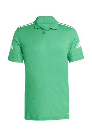 Grünes Poloshirt mit kurzen Ärmeln, weißen Streifen auf den Schultern und weißem Logo auf den Ärmeln, präsentiert auf schlichtem Hintergrund.