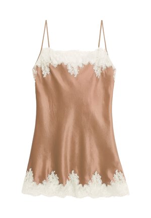 Satin-Camisole in sanftem Braun mit zarter weißer Spitzenverzierung entlang des Ausschnitts und Saums, ausgestattet mit dünnen, verstellbaren Spaghetti-Trägern.