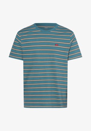 T-shirt di cotone turchese con strisce orizzontali bianche e marroni, scollo rotondo e piccolo logo Levi's rosso sul petto a sinistra.