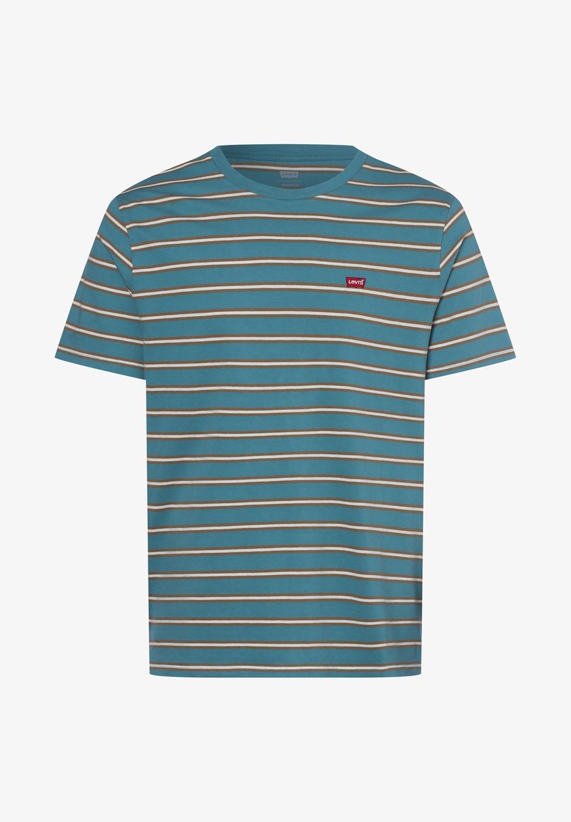 T-shirt en coton turquoise avec des rayures horizontales blanches et marron, col rond, et petit logo rouge Levi's sur le côté gauche de la poitrine.