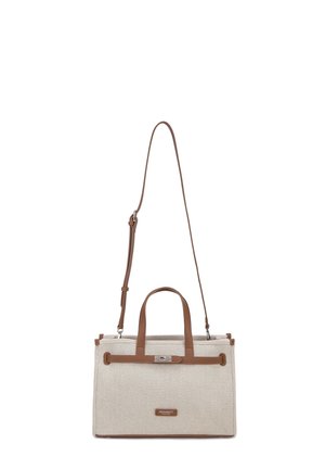 Sac à main rectangulaire en toile beige avec bordure en cuir marron, deux poignées courtes, bandoulière longue ajustable et fermeture à clip argenté.