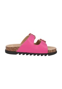 Pink slide sandal featuring a cork footbed, two cut-out straps adorned with beads, and a textured black outsole.