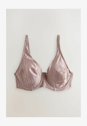 Heleda roosa rinnahoidja sujuva, läikiva tekstuuriga, millel on kolmnurksed topsid ja õhukesed reguleeritavad rihmad. Dekoratiivsed elemendid või mustrid puuduvad.