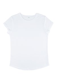 Hvid kortærmet t-shirt lavet af blødt stof, med en rund halsudskæring og en buet afslutning. Ingen mønstre eller detaljer er til stede.