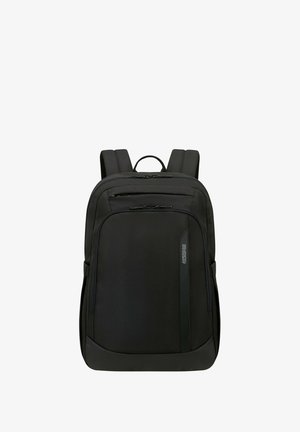 Black backpack with a textured surface, zippered compartments, padded shoulder straps, and a top carry handle. Minimalist design with logo detail.