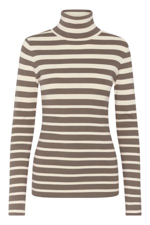 Prune ja kreemikat värvi triibuline kõrge kaelusega kampsun, millel on istuv disain. Pikad varrukad ja soonikkoes tekstuur. Pehme kudumismaterjal.