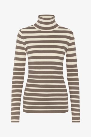 Barna és krémcsíkos garbó pulóver, testhez simuló fazonnal. Hosszú ujjú és bordázott textúrájú. Puha kötött anyag.