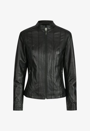 Sort læderjakke med stående krave, lodrette søm og lynlåslommer i siderne. Glat tekstur og skræddersyet pasform.