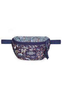 Marinblå midjeväska med flerfärgade blommönster och paisley, dragkedja, Eastpak Liberty-logotyp och en sidoremsjusterbar för passform.