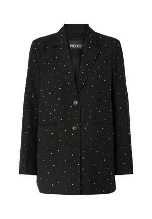 Blazer nero con applicazioni di borchie argento, revers a punta, chiusura a due bottoni e due tasche frontali, realizzato in tessuto testurizzato.