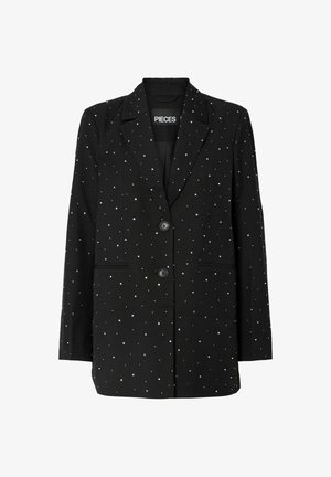 Blazer noir avec des embellissements en clous argentés, revers crantés, fermeture à deux boutons et deux poches avant, en tissu texturé.