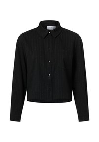 Black collared shirt, cropped design with long sleeves, featuring silver vertical stripes and a pocket. Buttons down the front.
