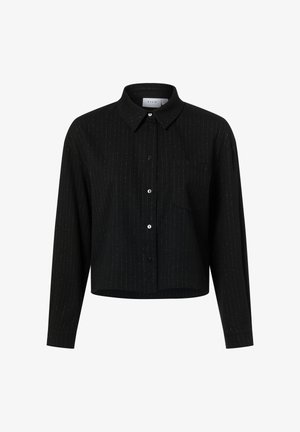 Black collared shirt, cropped design with long sleeves, featuring silver vertical stripes and a pocket. Buttons down the front.