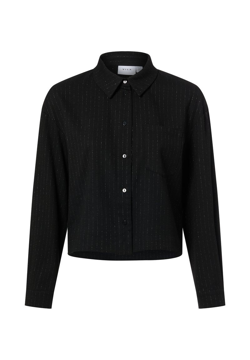 Black collared shirt, cropped design with long sleeves, featuring silver vertical stripes and a pocket. Buttons down the front.