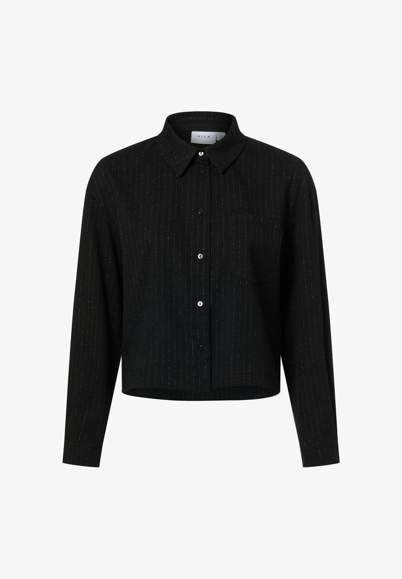 Black collared shirt, cropped design with long sleeves, featuring silver vertical stripes and a pocket. Buttons down the front.