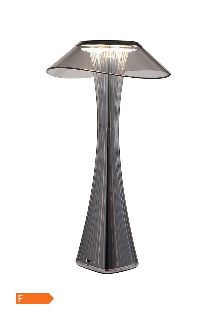 Stolní lampa s elegantním, zakřiveným stříbrným podstavcem, průhledným kopulovým stínidlem, vertikálně rýhovaným povrchem a vestavěným LED světelným zdrojem.