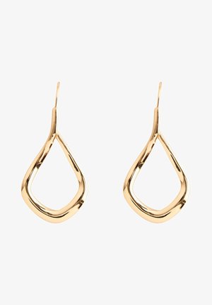 Naušnice od zlatnog metala u obliku suze s otvorenim dizajnom. Imaju glatku, sjajnu završnu obradu i tanke vješalice.