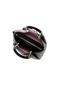 Borsa a tracolla in pelle nera con una forma strutturata, hardware dorato e un interno rosa chiaro. Presenta un compartimento centrale con zip.