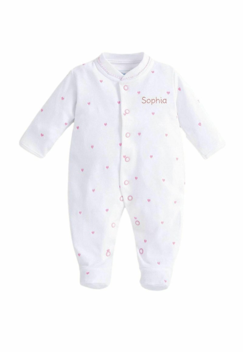 Witte Babybody met lange mouwen, versierd met kleine roze hartjes, heeft drukknoopsluiting en de naam "Sophia" in roze borduurwerk.