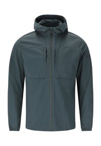 Leichte, dunkelblaugrüne Jacke mit Kapuze, Frontreißverschluss und zwei Brusttaschen. Verfügt über elastische Bündchen und eine glatte, wasserabweisende Textur.