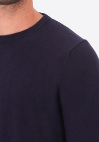 Uomo che indossa un maglione a girocollo blu navy scuro, visibile dalla parte inferiore del viso fino alla parte superiore del petto e alla spalla destra.