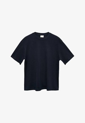 Marineblå bomulds T-shirt med korte ærmer, rund halsudskæring og en afslappet pasform. Glat tekstur, ingen synlige mønstre eller udsmykninger.