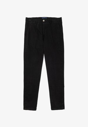 Black cotton trousers with a straight fit, textured surface, front pockets, and a single front button closure.