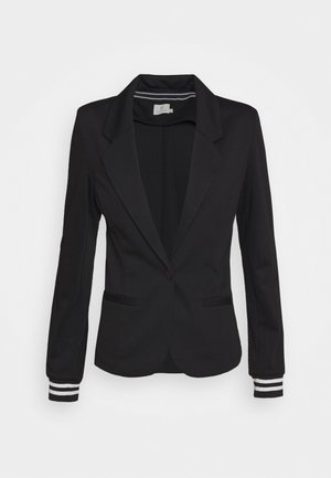 Sort blazer med skræddersyet pasform, enkelt knaplukning, to forlommer og stripede manchetter. Glat stof med reverskrave design.