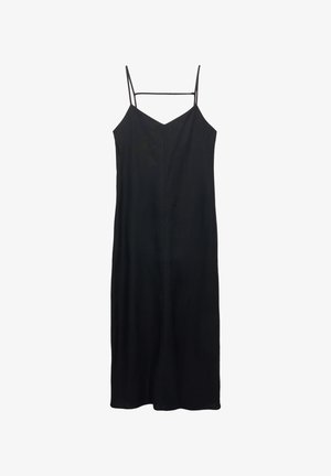 Sort ærmeløs kjole lavet af letvægtsstof, med tynde stropper, en V-udskæring og en lige snit uden yderligere mønstre eller detaljer.