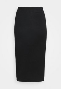 Jupe crayon noire mi-genou avec taille ajustée et ourlet droit, présentée sur fond blanc uni.