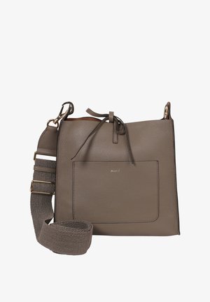 Graue, strukturiertes Leder-Crossbody-Tasche mit einer Fronttasche, Kordelzugverschluss und verstellbarem, gewebtem Riemen mit Clip in Goldton.