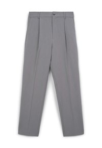 Pantalons plissés gris en tissu lisse, dotés d'une fermeture à bouton à l'avant, de passants de ceinture et d'une coupe droite.