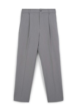 Graue plissierte Hose aus glattem Stoff, mit einem vorderen Knopfverschluss, Gürtelschlaufen und einem geraden Bein-Design.
