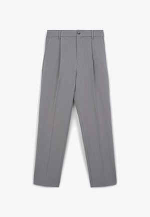 Gray pleated trousers made from smooth fabric, featuring a front button closure, belt loops, and a straight leg design.