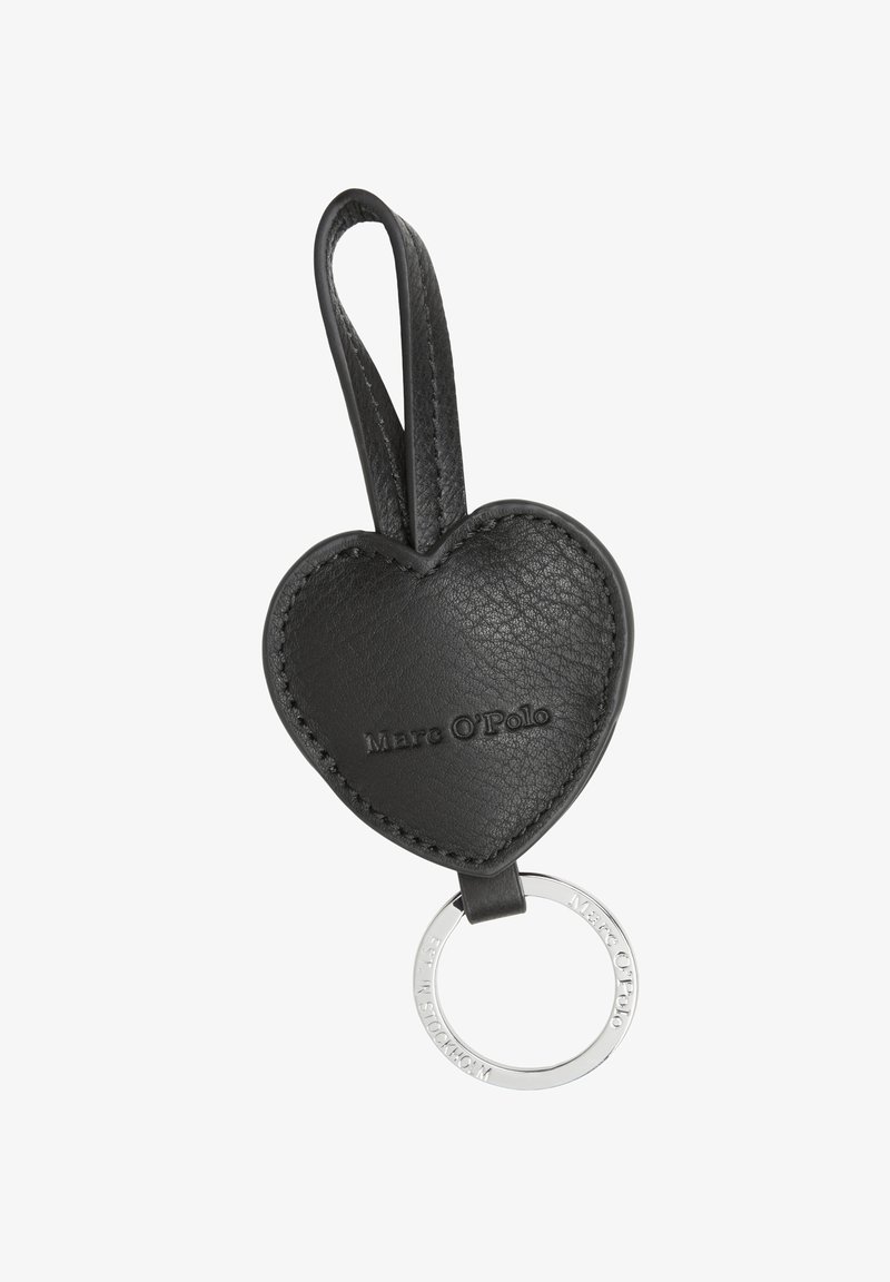Black leather heart-shaped keychain with a loop handle and a silver keyring. Features "Marc O'Polo" embossed on the front.