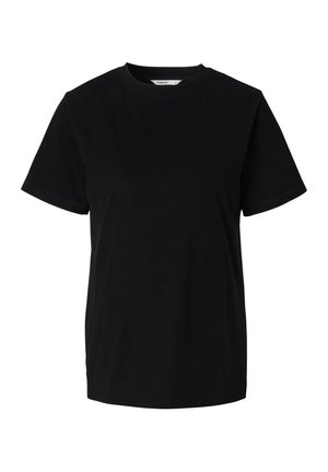 Camiseta de algodón negra con mangas cortas y cuello redondo, que presenta una textura suave y costuras sutiles en el dobladillo y las mangas.