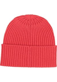 Kootud beanie erksas korallis, millel on ribakujundus, volditud serv ja sile ülaosa, sobilik külmade ilmade jaoks.