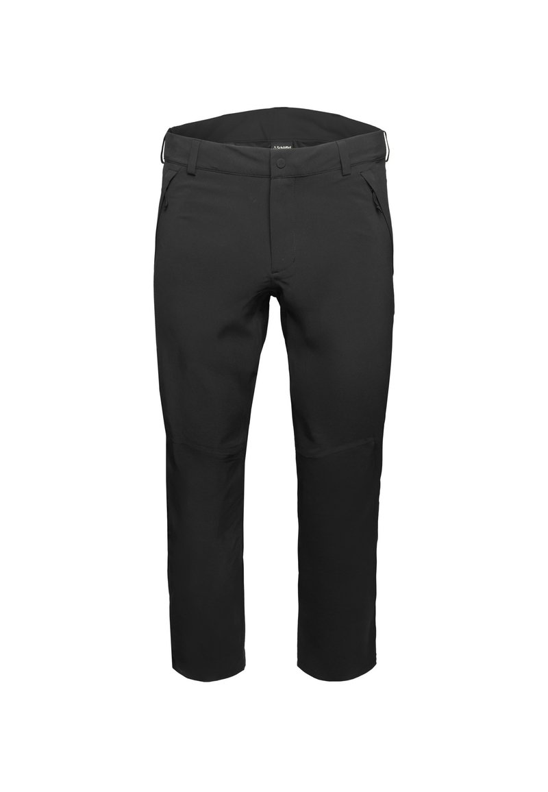 Zwarte technische broeken met een slim fit, voorzien van een rechte voorkant, twee zijzakken en versterkte kniezakken. Gemaakt van duurzame, rekbare stof.