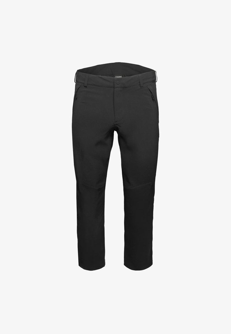 Svarta tekniska byxor med slim fit, med platt front, två sidofickor och förstärkta knäpaneler. Tillverkade av slitstarkt, stretchigt tyg.