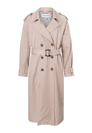 Trench-coat beige à double boutonnage avec larges revers, taille ceinturée, épaulettes, brides aux poignets et poches avant.