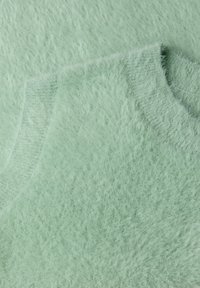 Futrzasty sweter w miętowym kolorze, prezentujący miękką teksturę z prążkowanym kołnierzem i rękawami. Tkanina wydaje się puszysta z delikatnym połyskiem.