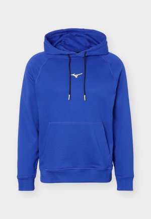 Felpa con cappuccio blu con tasca a marsupio frontale, coulisse nere e piccolo logo bianco centrato sul petto.