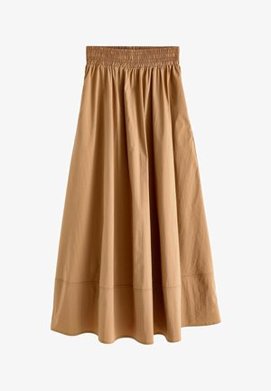 Beżowa, sięgająca do połowy długości spódnica wykonana z gładkiego materiału z marszczoną, elastyczną talią i subtelnym przeszyciem u dołu, zapewniająca swobodny, lejący kształt.