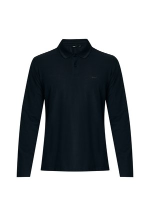 Schwarzes Langarm-Polohemd aus Baumwolle, mit klassischem Kragen, Drei-Knopfleiste und einem dezenten Markenlogo auf der Brust.