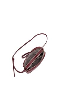 Borsa a tracolla in pelle bordeaux con due scomparti con cerniera, accessori dorati e una singola tracolla regolabile. Interno foderato in grigio chiaro.