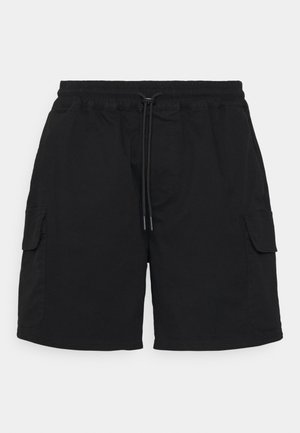 Schwarze Cargo-Shorts mit elastischem Bund, Kordelzugverschluss und zwei Seitentaschen. Glattes Material mit geradem Schnitt und minimalen Details.