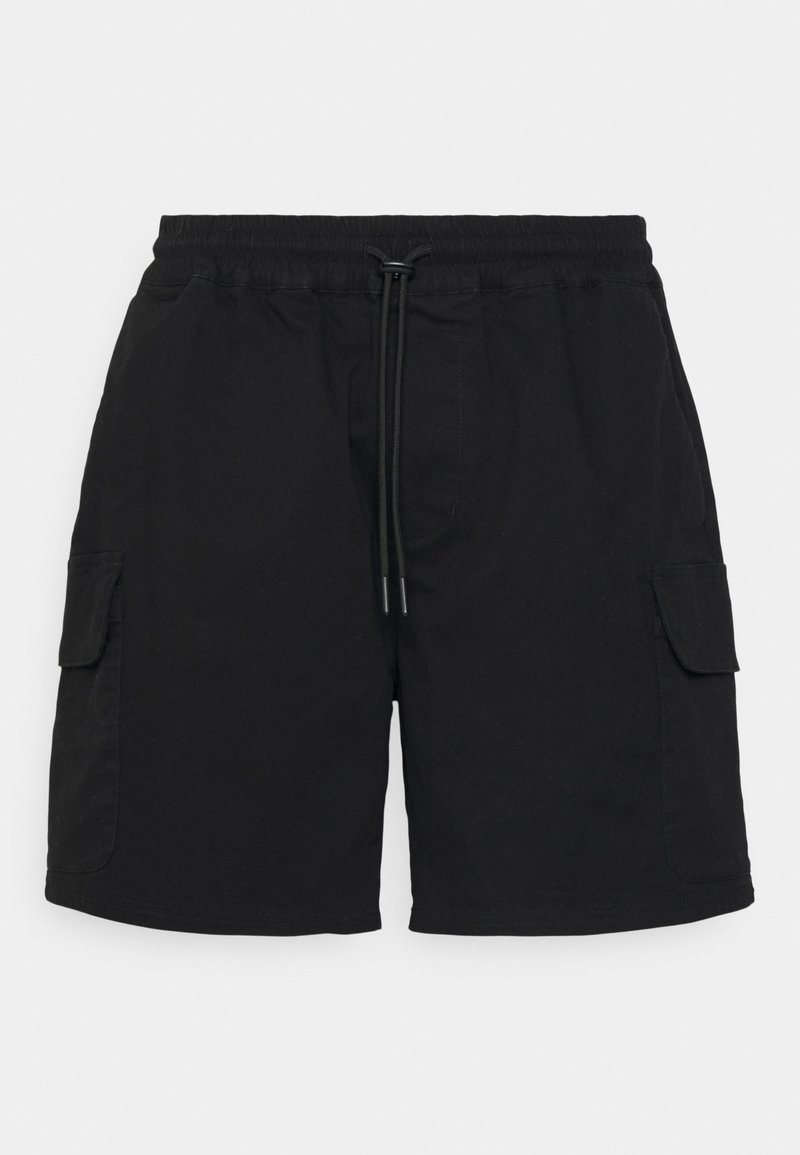 Zwarte cargo shorts met een elastische tailleband, trekkoordsluiting en twee zijzakken. Glad materiaal met een rechte snit en minimale detaillering.