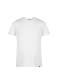 T-shirt en coton blanc à manches courtes, col rond, avec une petite bande décorative à l'ourlet. Texture lisse et coupe classique.